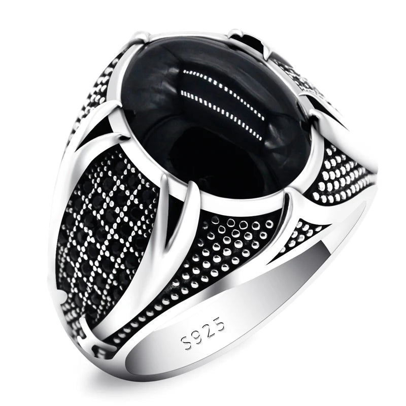 925 Silver Men'S Ring Turkey Inlaid Natural Black Agate Ring with CZ Muslim Religious High Jewelry Gift