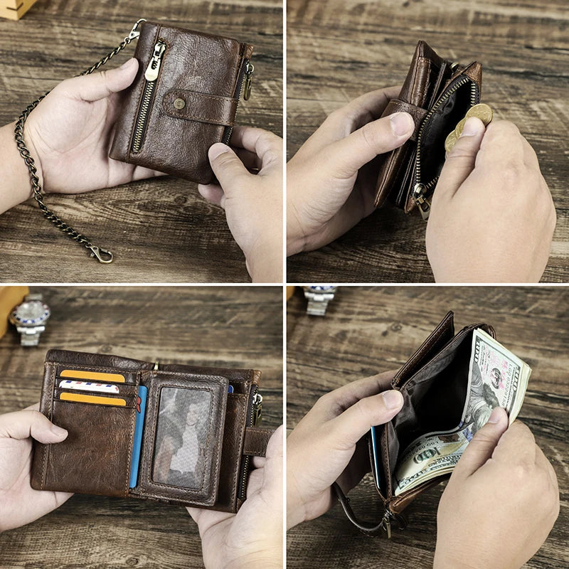 CONTACT'S Genuine Leather Wallets for Men Short Casual Bifold Men Wallet Metal Chain RFID Card Holders Coin Purses Money Clip