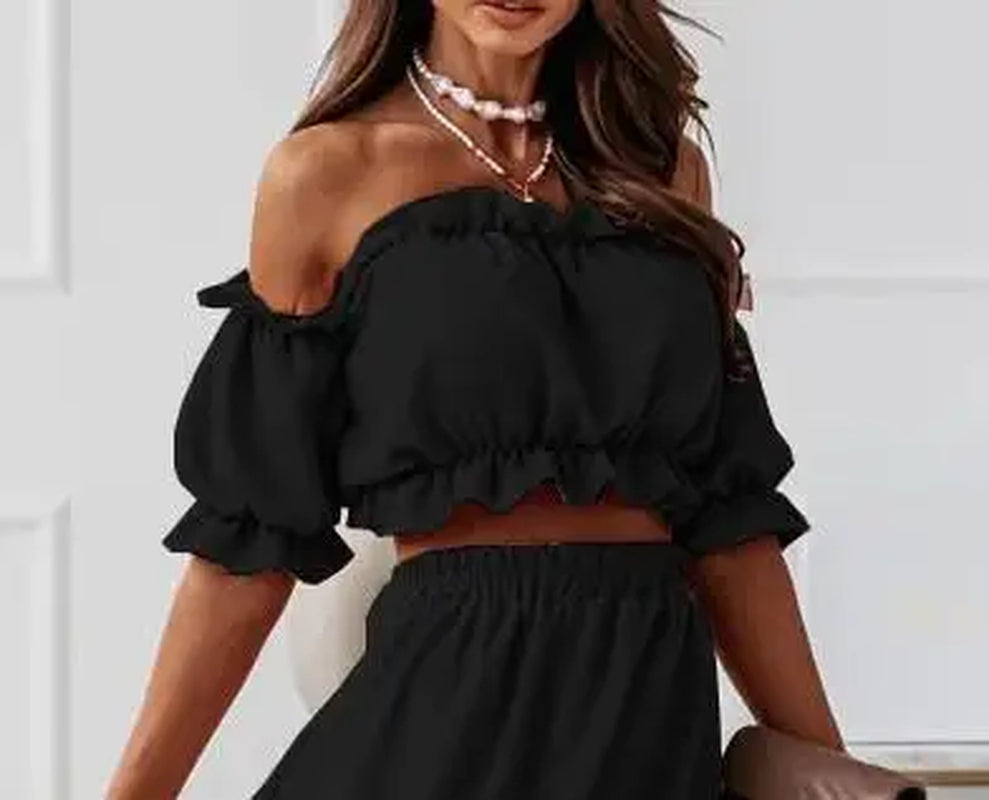 Summer Woman'S Skirt Sets Solid Strapless Sexy Elastic Waistless Ruffle Short Puff Sleeve Tops Skirt Casual Party 2-Piece Suit