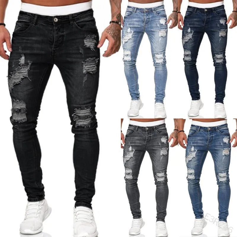 Fashion Street Style Ripped Skinny Jeans Men Vintage Wash Solid Denim Trouser Mens Casual Slim Fit Pencil Denim Pants Hot Sale