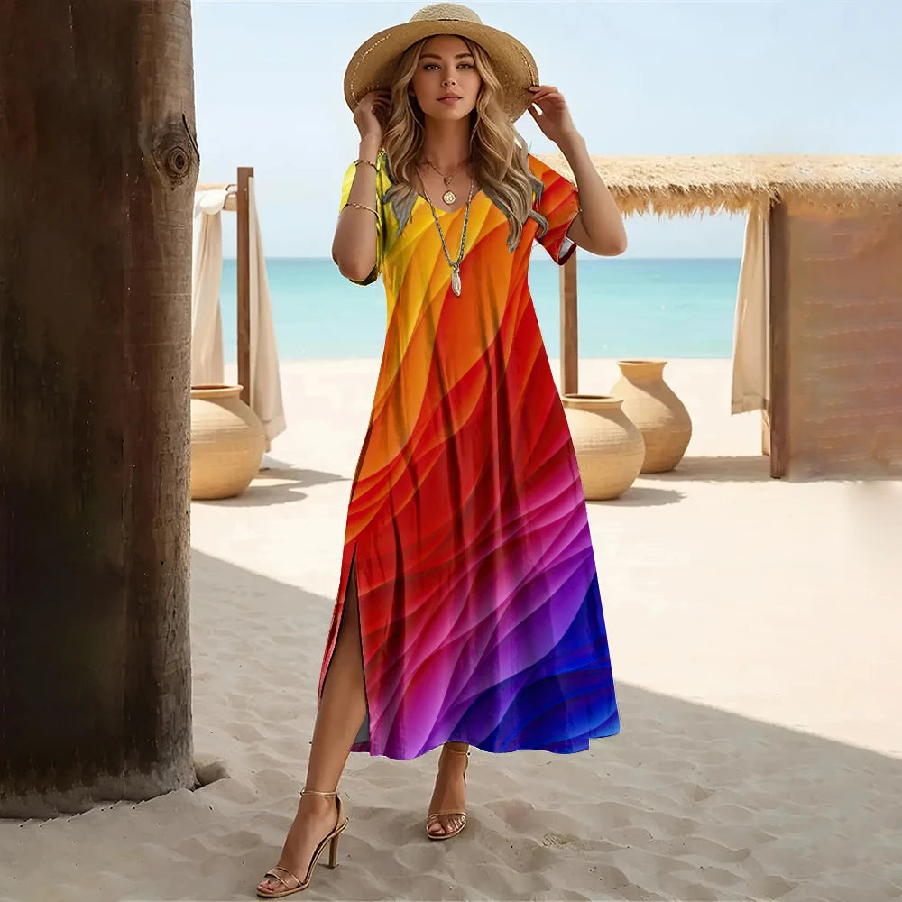 Gradient Color Printed Women'S Split V Neck Long Dress Casual Summer＆Spring Dress Streetwear Holiday Short Sleeve Dresses 2024