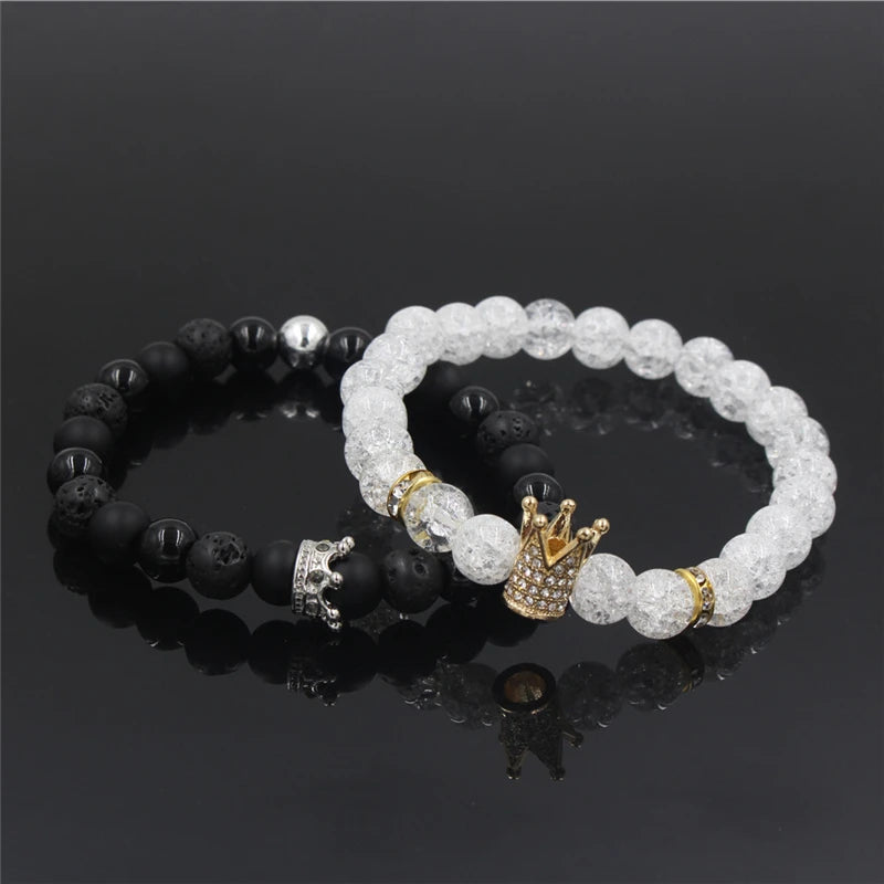 New 2Pc/Sets Natural 8/6Mm Stone Beads Couple Bracelets for Women Micro Pave CZ Crown Charms Bracelet Men Jewelry Pulseras Mujer