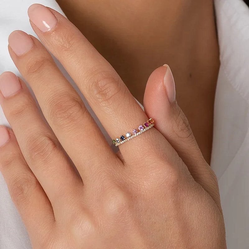 Minimal Delicate Fashion Women Rings Rainbow Cubic Zirconia Engagement Ring