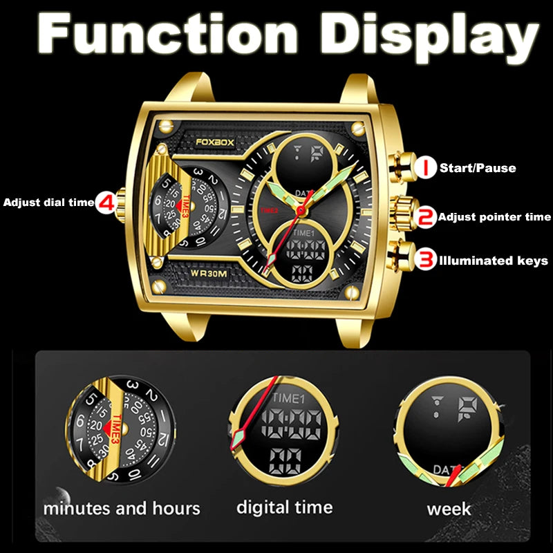 LIGE Top Brand Luxury Men Watch FOXBOX Fashion Square Watch Men Casual Sports Waterproof Double Display Watch Relogio Masculino