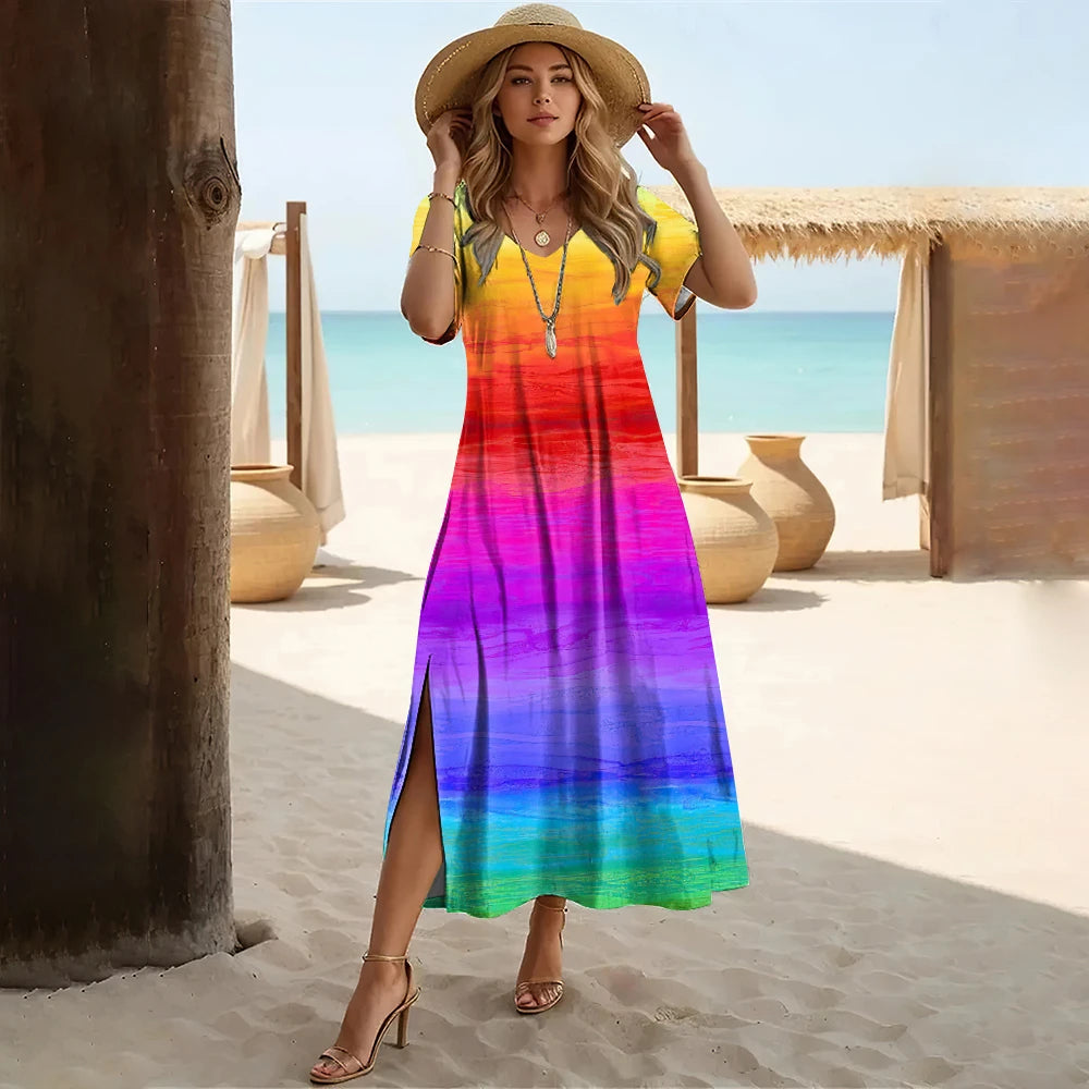 Gradient Color Printed Women'S Split V Neck Long Dress Casual Summer＆Spring Dress Streetwear Holiday Short Sleeve Dresses 2024