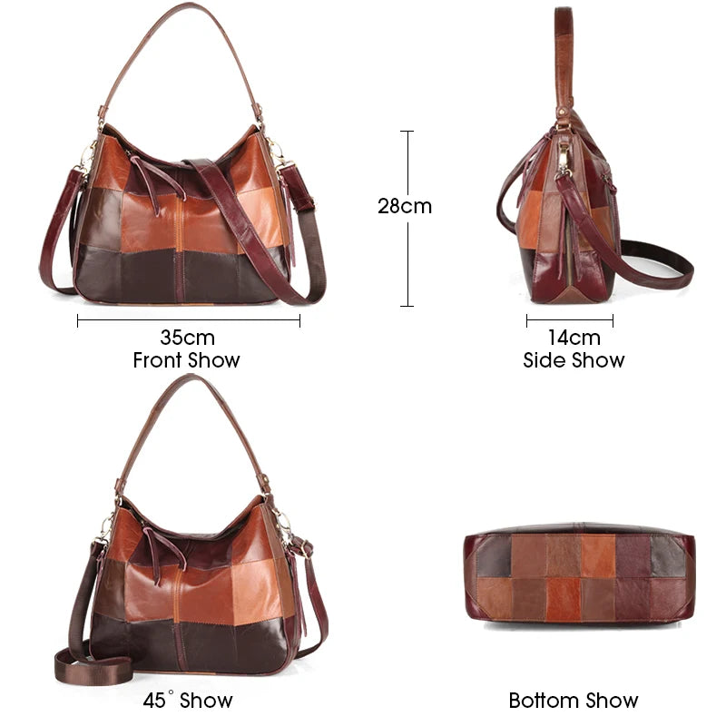 New Designer Genuine Leather Elegant Women Shoulder Crossbody Bag Classic Patchwork Large Casual Handbag Ladies Top Handle Tote