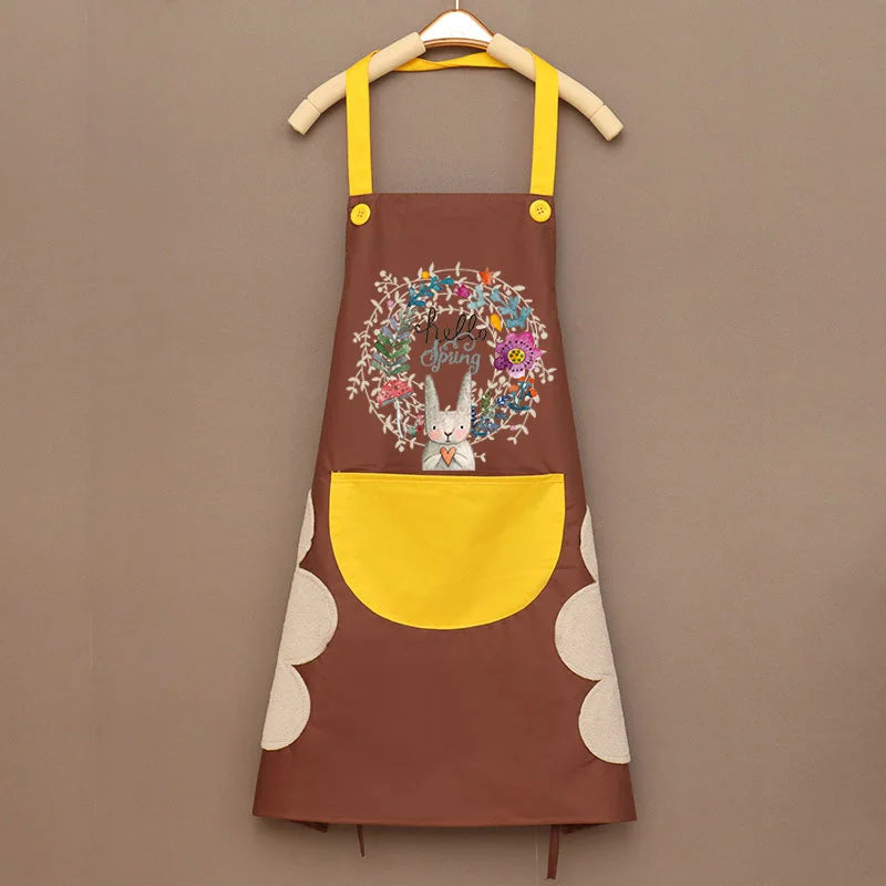 Cartoon Bunny Kitchen Aprons Women Sleeveless Halter Neck Overalls Waterproof Oil-Proof Hand-Wiping Advertising Cook Apron Dress