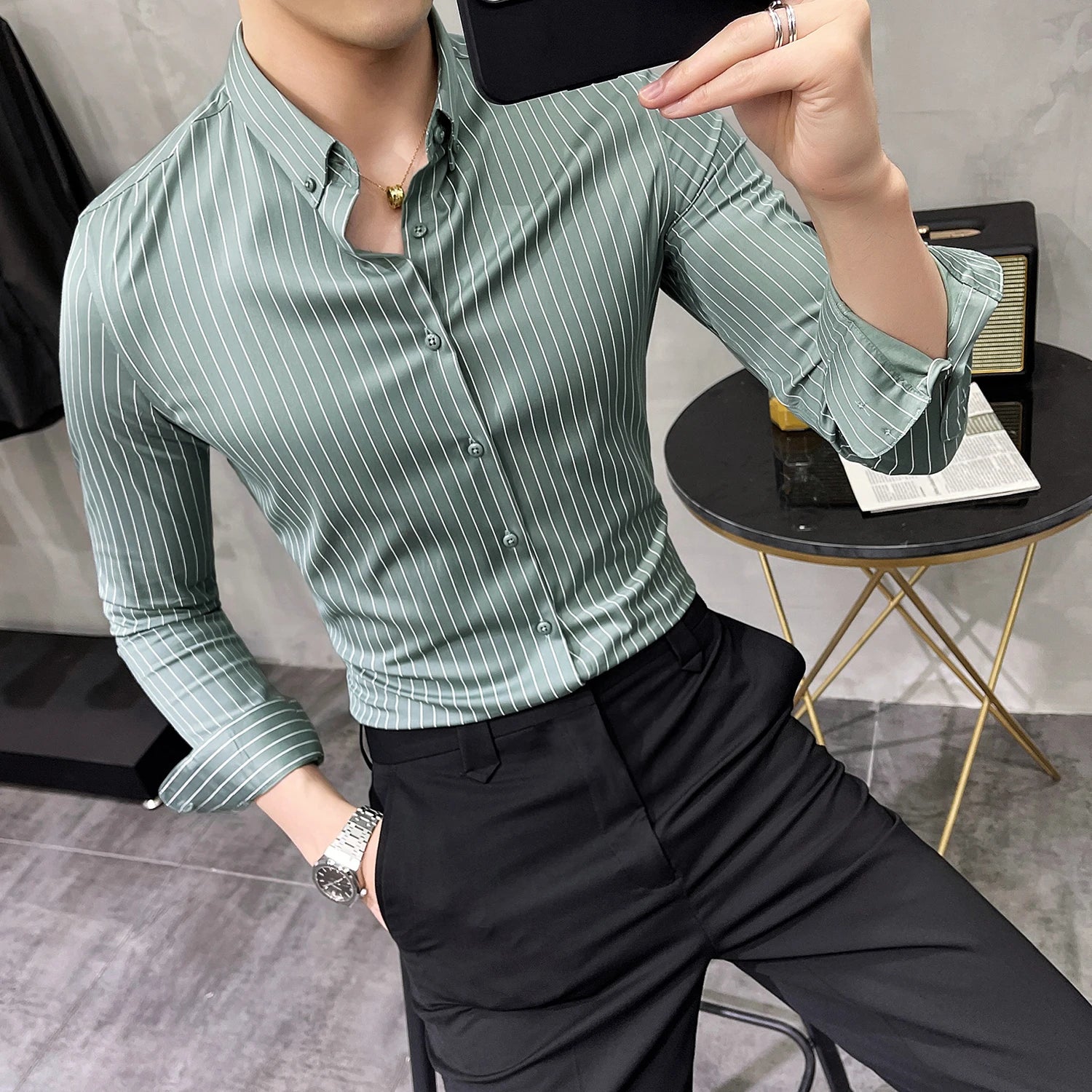 British Style Striped Shirts Mens Long Sleeve Business Formal Dress Shirt Casual Slim Fit Shirt Streetwear Social Party Clothing