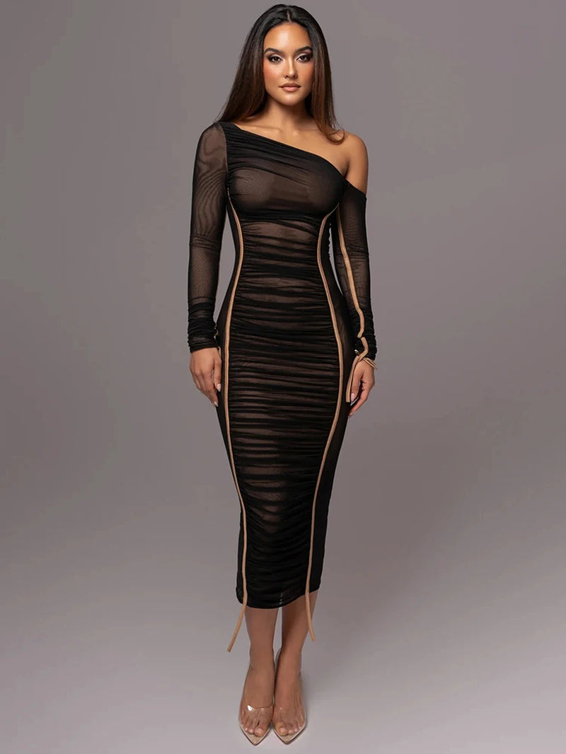 Diagonal Collar Long Sleeve Midi Dress for Women Two Layer Mesh Backless Ruched Bodycon Club Party Sexy Long Dress