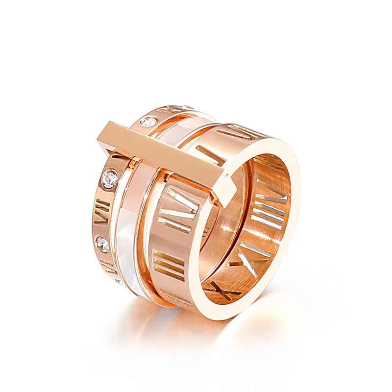 Trendy Shell Stainless Steel Rings for Women Girls Three Layers Roman Numerals Rhinestone Bridal Wedding Women Rings Jewelry