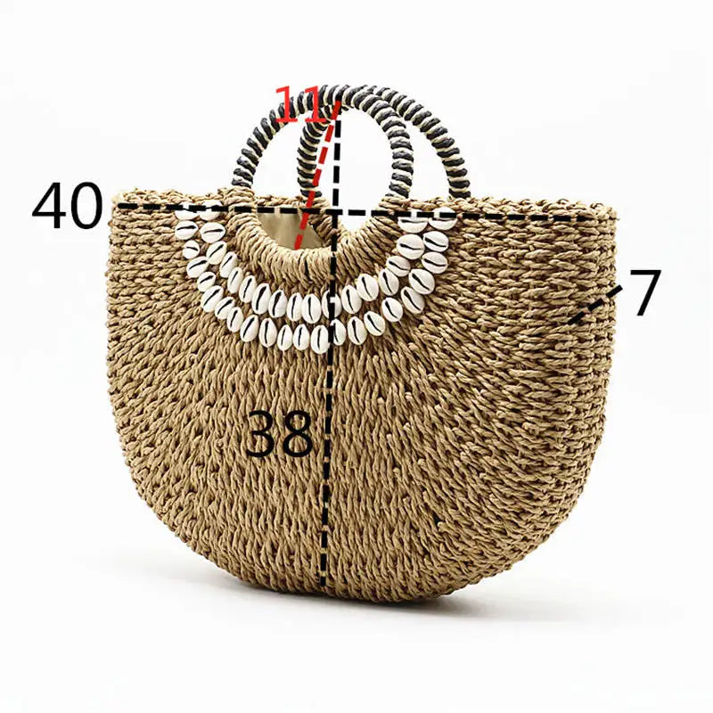 Woman Fashion New Creative Shell Moon Straw Bag Scarf Hair Ball Decoration Straw Bag Portable Woven Beach Handbag