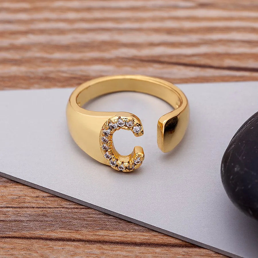 New Fashion A-Z Letter Gold Color Metal Adjustable Opening Ring Initials Name for Women Finger Rings Party Crystal Jewelry