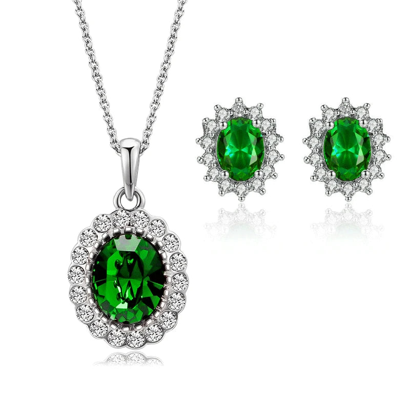 2022 New Fashion Women'S Emerald Stone Pendant Necklace Earrings Set Female All-Match Jewelry Wholesale