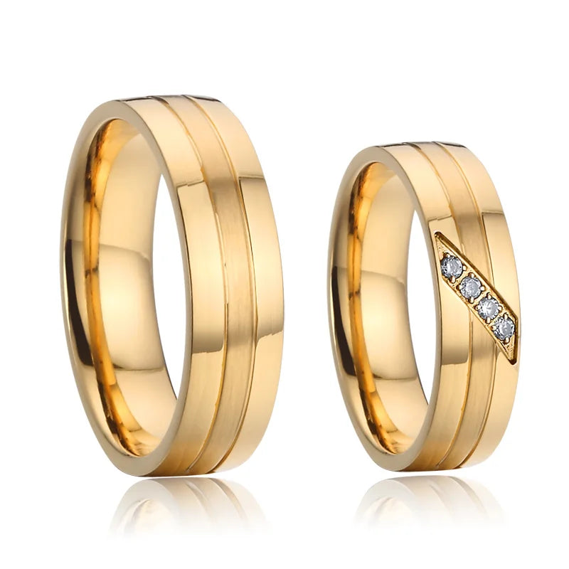 Wedding Rings Couple Sets for Men and Women Lovers Alliance Shiny 1 Pair 14K Gold Plated Stainless Steel Jewelry Marriage Ring