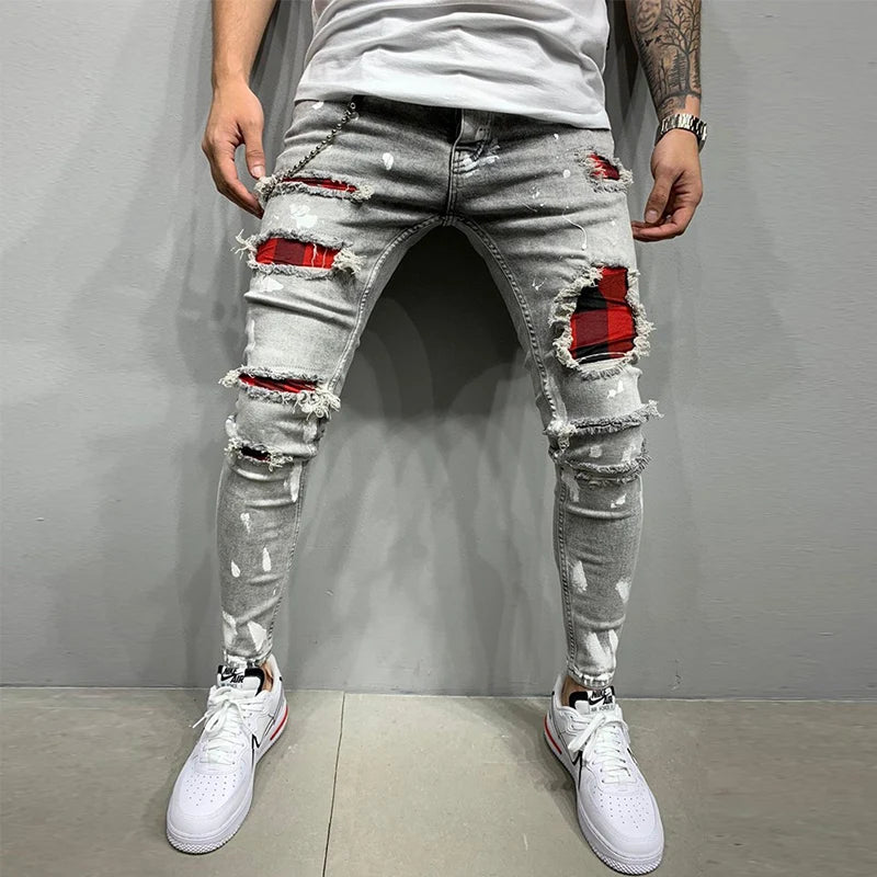 Men'S Ripped Skinny Jeans Patchwork Grid Stretch Casual Denim Pencil Pants Man Fashion Paint Painting Jogging Trousers Male