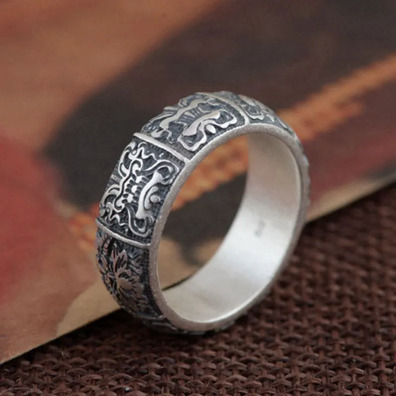 990 Silver Ring for Men Jewelry 100% Original Pure S990 Silver Sterling Ring Buddaha Good Luck Buddhist Eight Auspiciousness