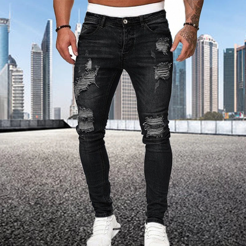 Fashion Street Style Ripped Skinny Jeans Men Vintage Wash Solid Denim Trouser Mens Casual Slim Fit Pencil Denim Pants Hot Sale