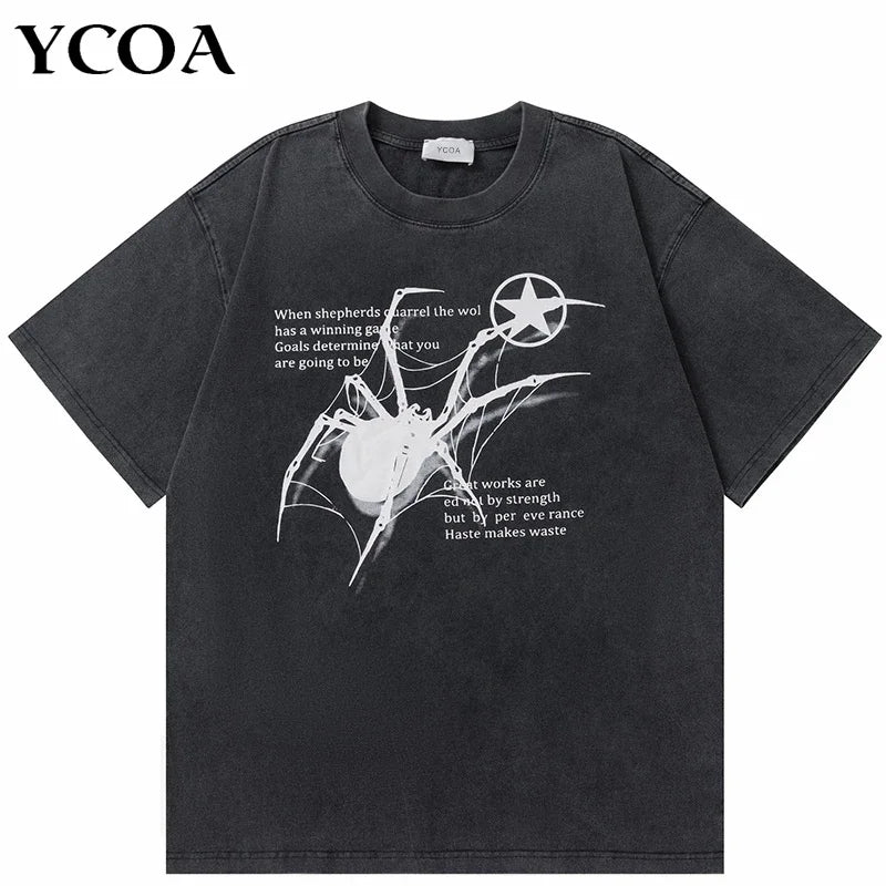 Men T-Shirt Streetwear Hip Hop Oversized Y2K Washed Black Spider Graphic Harajuku Gothic Vintage Cotton Tops Tees Loose Clothes