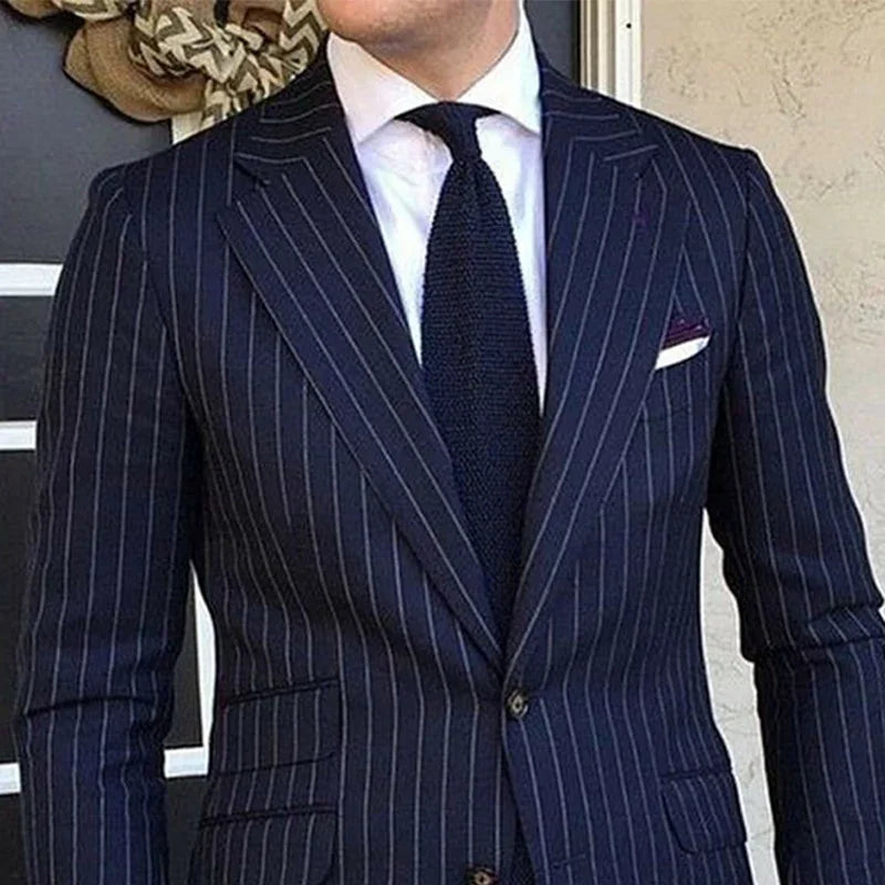 Pinstripe Slim Fit Men Suits for Formal Wedding Tuxedo Notched Lapel 2 Pcs Navy Blue Striped Business Groom Male Fashion