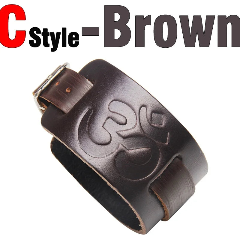 Charm Wide Leather Bracelet Black Brown Men Fashion Embossed Wolf/Eagle/Totem Wristband Bangle Punk Rock Style Jewelry