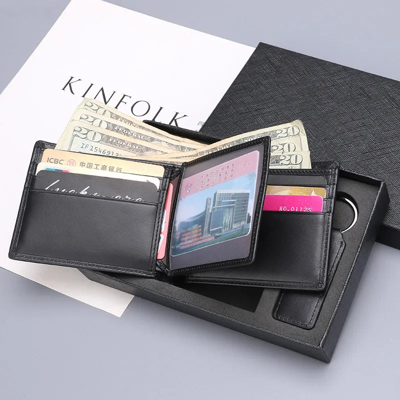 Hot Selling Customized Letters Genuine Leather Men Wallet Bifold Money Wallet Purse Keychain Gift Set with Box