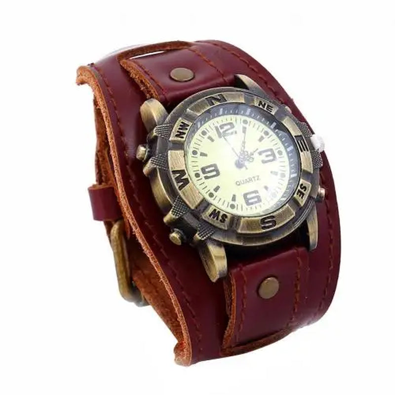 Vintage Women Men Punk Faux Leather round Dial Quartz Bracelet Wrist Watches