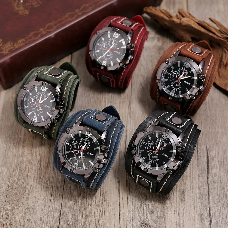 Vintage Retro Men Watch Luxury Wristwatch Quartz Wristwatches Fashion Blue Glass Punk Style Men Watch Bracelet Relogio Masculino