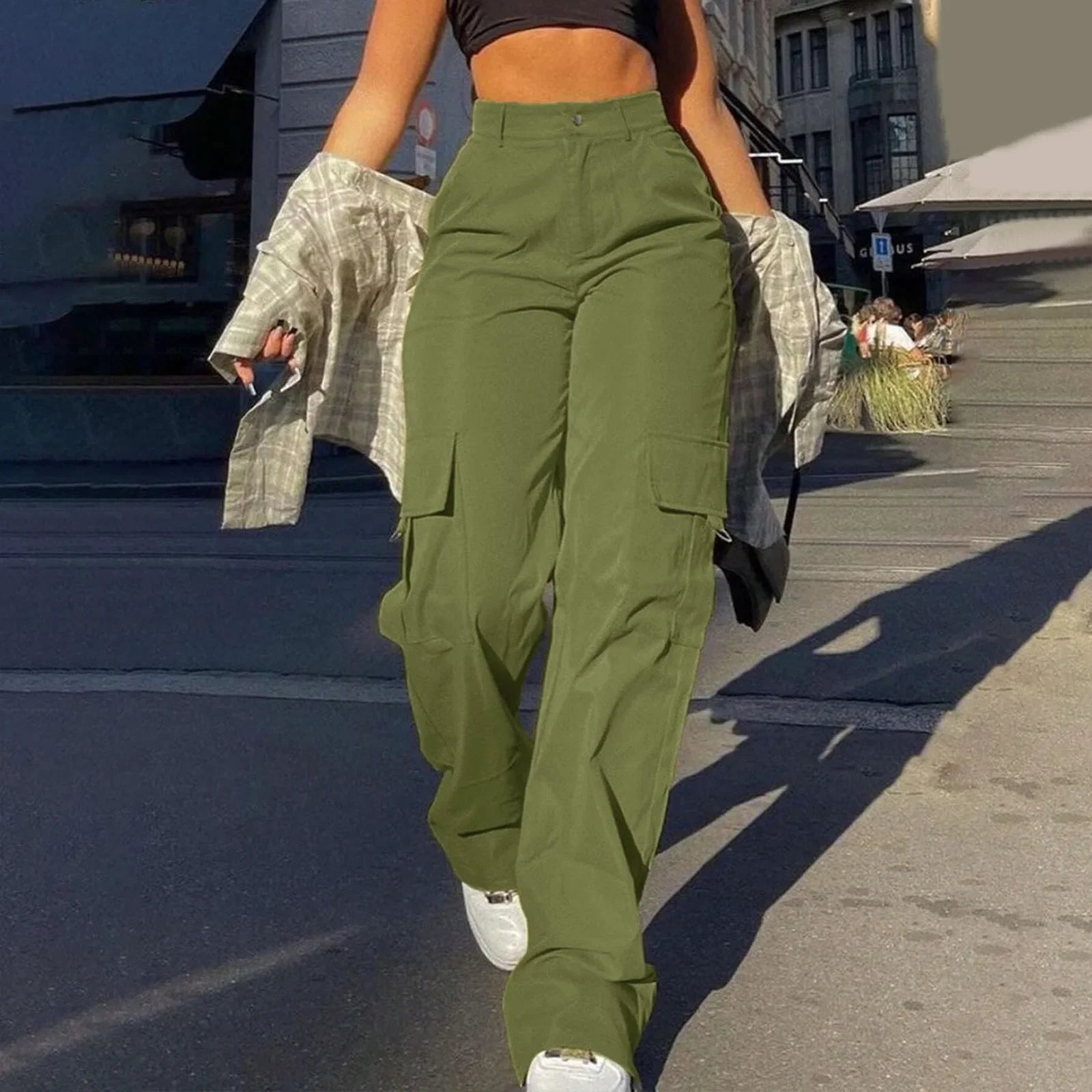 2024 Trendy Women Wide Leg Cargo Pants Street Vibes Flap Pockets Drawstring Ruched High Waist Parachute Women Pants