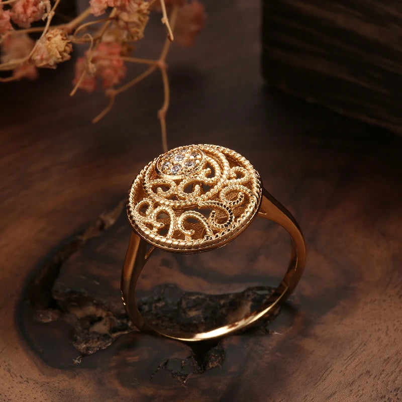 2021 New 585 Rose Gold Women Rings Fashion Hollow Flower Natural Zircon Ethnic Bride Ring Vintage Fine Jewelry