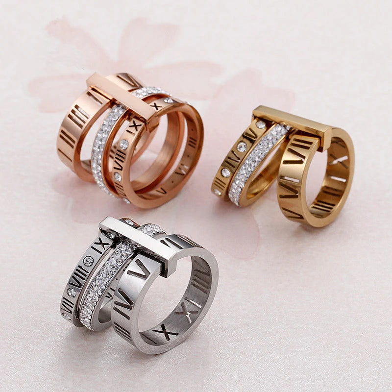 Trendy Shell Stainless Steel Rings for Women Girls Three Layers Roman Numerals Rhinestone Bridal Wedding Women Rings Jewelry