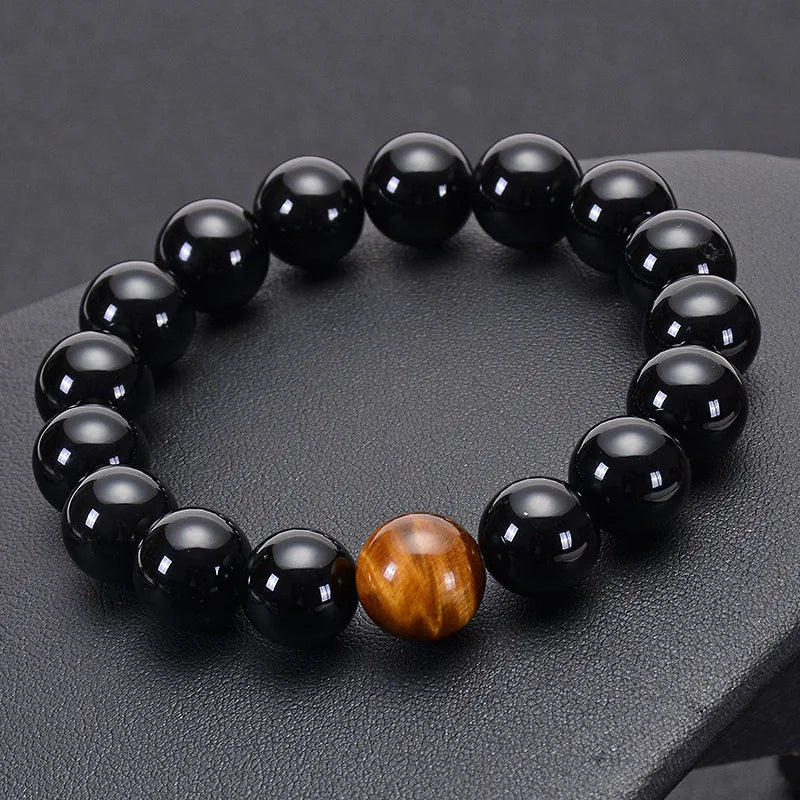 Natural Black Onyx with Tiger Eye Stone Beads Men Jewelry Bracelet 12 Constellation Leo Lovers Energy Balance Bracelet