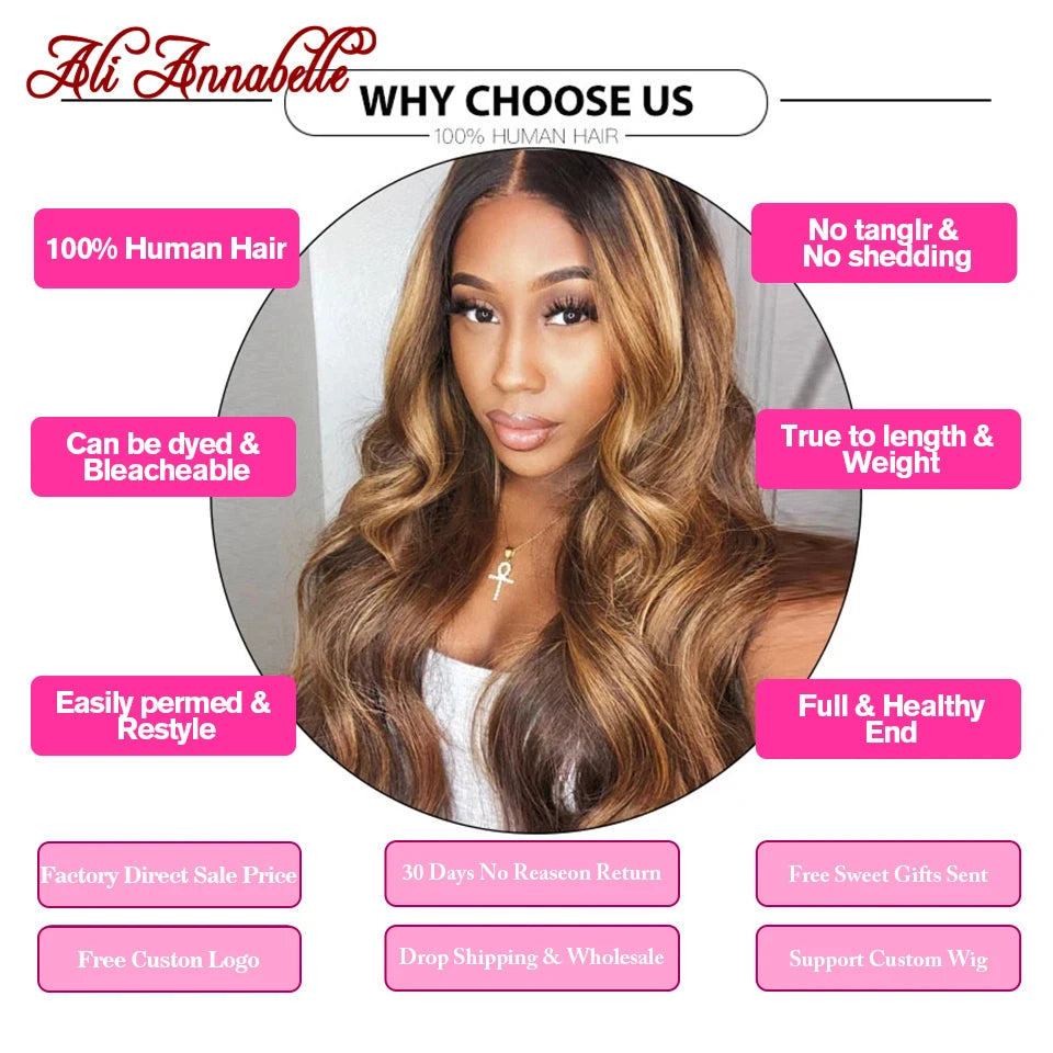 Honey Blonde Highlight Wigs Ombre Brown Body Wave Human Hair Wigs Ali Annabelle 4X4 Closure 13X4 Lace Frontal Human Hair Wigs