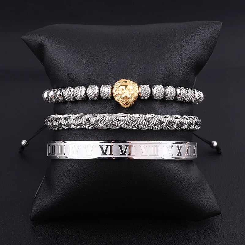 High Quality Luxury Stainless Steel Roman Bangle Lion Charm Men Jewelry Handmade Braided Macrame Bracelets Male Gift