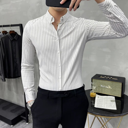 British Style Striped Shirts Mens Long Sleeve Business Formal Dress Shirt Casual Slim Fit Shirt Streetwear Social Party Clothing