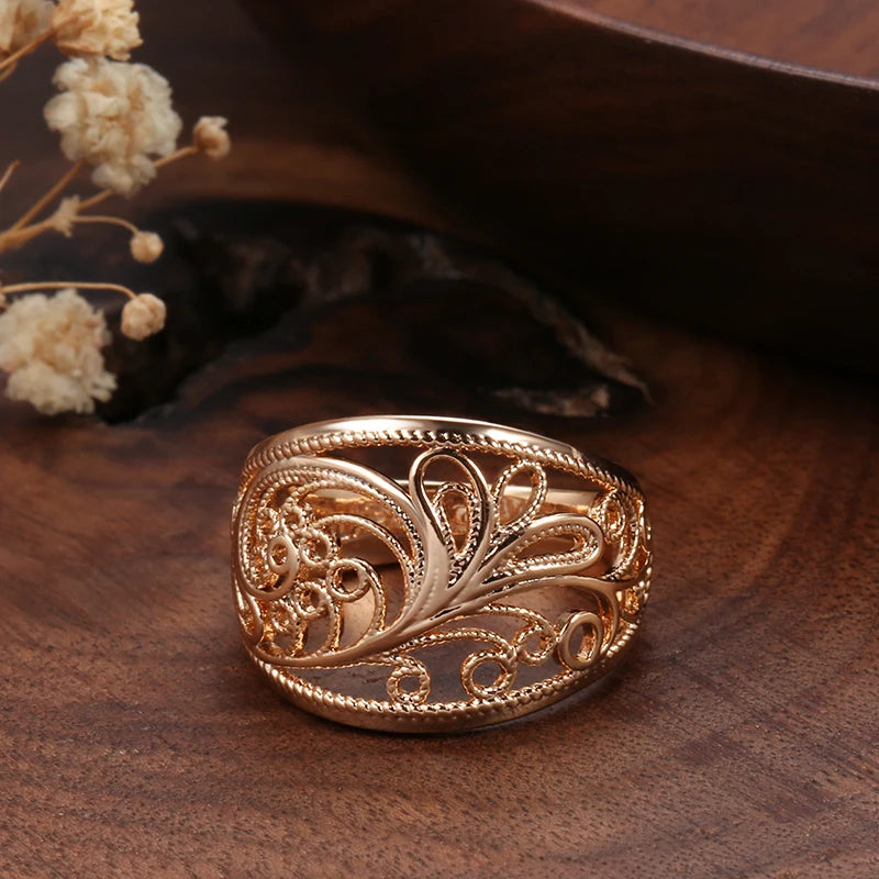 Hot Trendy Unique Women Rings 585 Rose Gold Hollow Pattern Romantic Wedding Rings Unusual Fashion Jewelry Party Gift