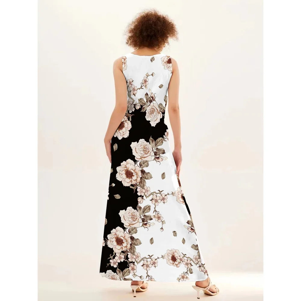 Flower Print New Casual Sleeveless Long Dress Women'S V-Neck Printed Dress Swing Bohemian Retro Dresses