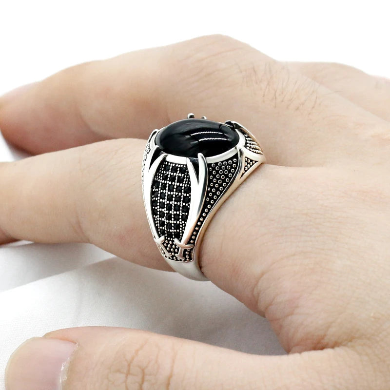 925 Silver Men'S Ring Turkey Inlaid Natural Black Agate Ring with CZ Muslim Religious High Jewelry Gift