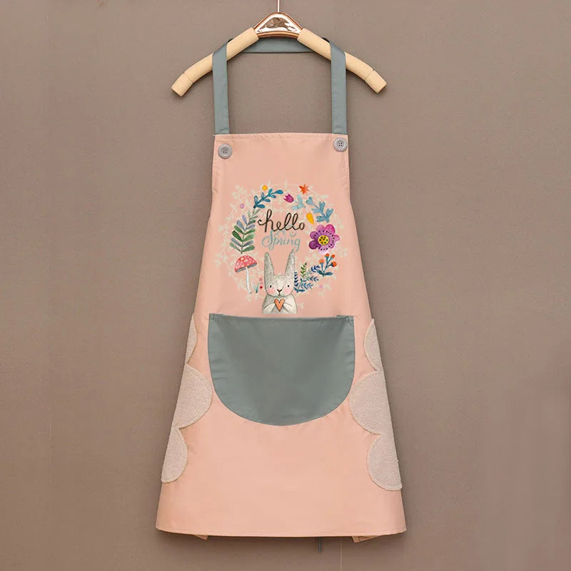 Cartoon Bunny Kitchen Aprons Women Sleeveless Halter Neck Overalls Waterproof Oil-Proof Hand-Wiping Advertising Cook Apron Dress