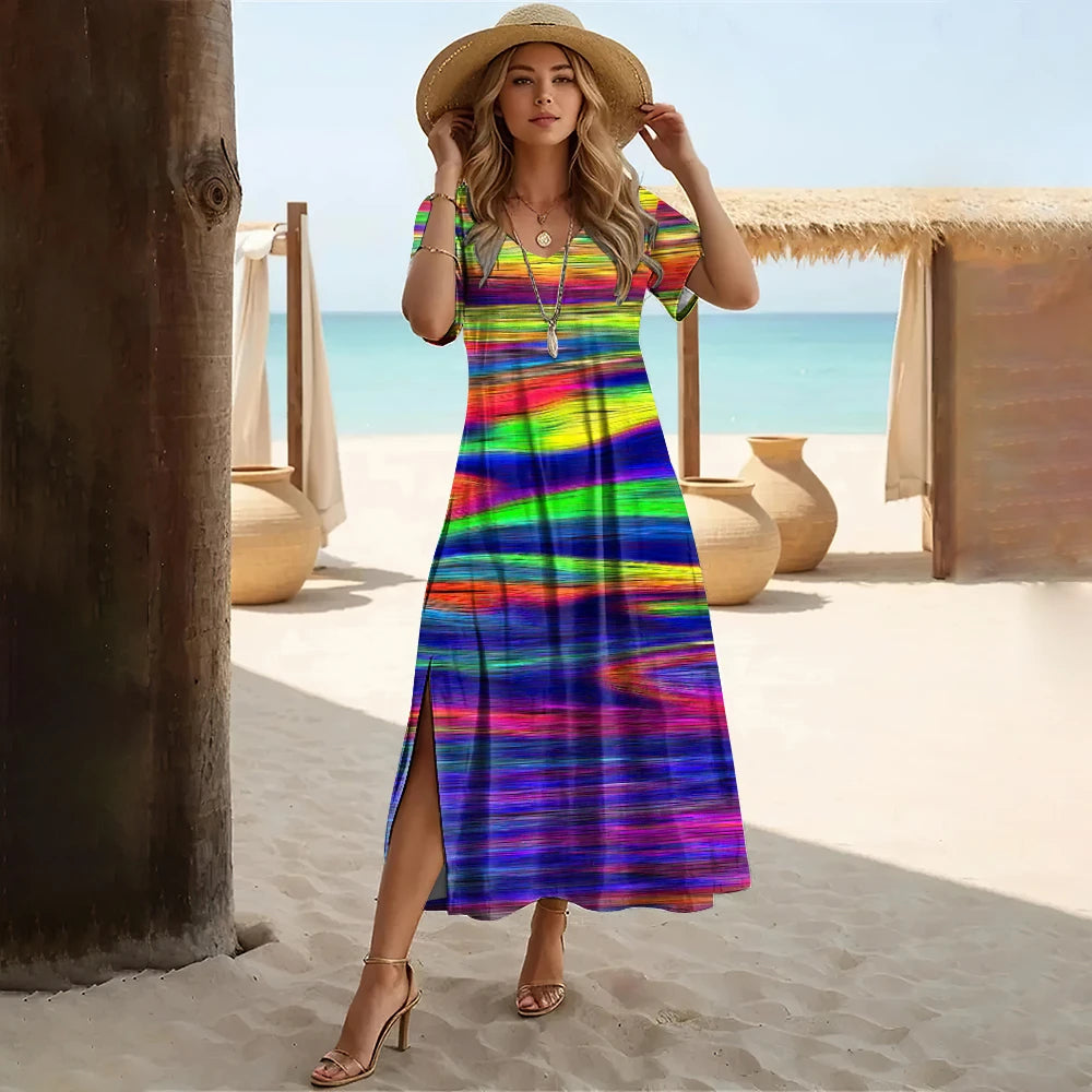 Gradient Color Printed Women'S Split V Neck Long Dress Casual Summer＆Spring Dress Streetwear Holiday Short Sleeve Dresses 2024