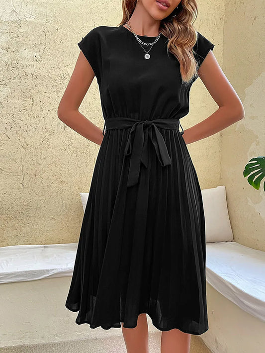 Elegant Women Summer Casual Beach Sundress Short Sleeve Pleated Midi Dress Soild Colour O Neck Tunic Dresses Fashion