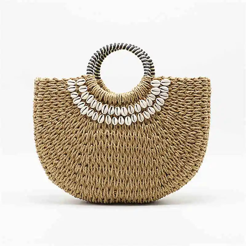 Woman Fashion New Creative Shell Moon Straw Bag Scarf Hair Ball Decoration Straw Bag Portable Woven Beach Handbag