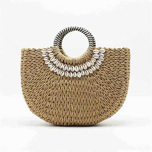 Woman Fashion New Creative Shell Moon Straw Bag Scarf Hair Ball Decoration Straw Bag Portable Woven Beach Handbag