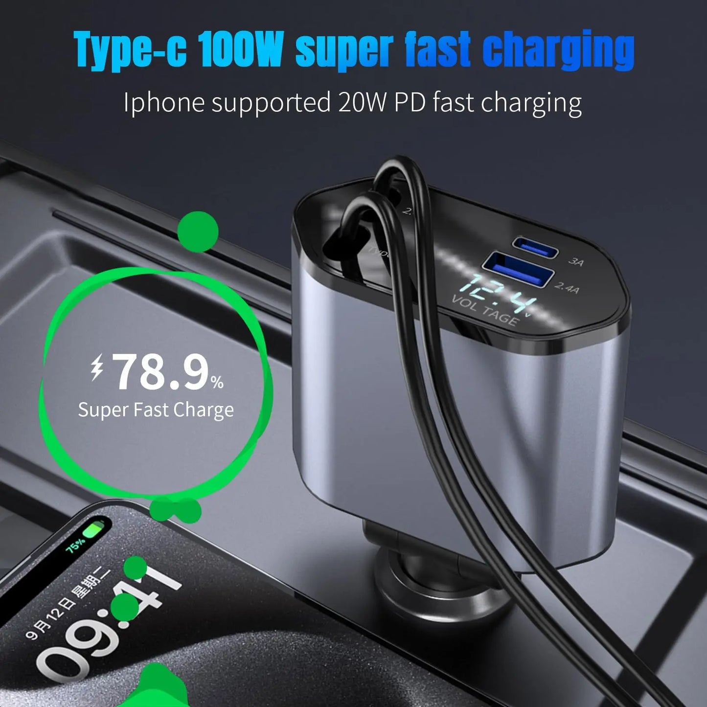 Retractable Car Charger, 4 in 1 Fast Car Phone Charger with Cord 2.6Ft, Retractable Cable and 2 USB Ports Car Charger Adapt