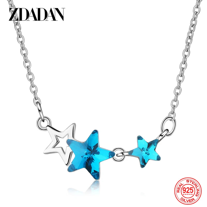 925 Sterling Silver Star Blue Crystal Necklace Chain for Women Fashion Wedding Jewelry