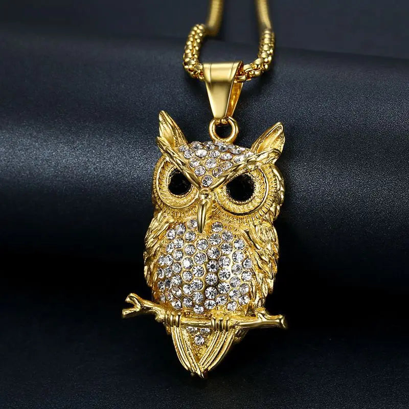 Stainless Steel Titanium Animal Owl Luxury Zircon Hip Hop Pendant Collar Chains Necklace for Men Women Couple Gift Jewel