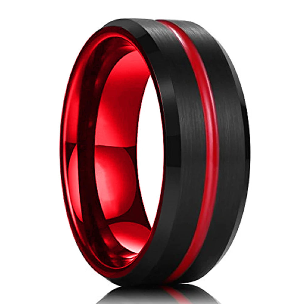 2021 Classic 8Mm Men'S Red Groove Beveled Edge Black Tungsten Men Wedding Rings Black Brushed Male Bridal Engagement Ring