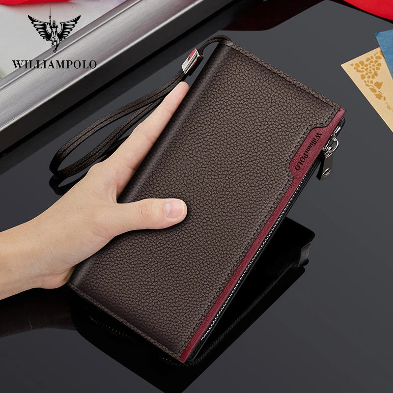 Brand Business Men Wallet Long Genuine Leather Clutch Wallet Purse Male Top Quality Soft Cowhide Handmade Coin Pouch