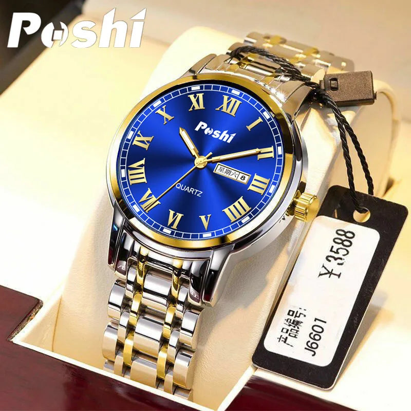 Men Watch Stainless Steel Top Quality Luxury Push Button Hidden Clasp Waterproof Luminous Date Week Sport Wrist Watches