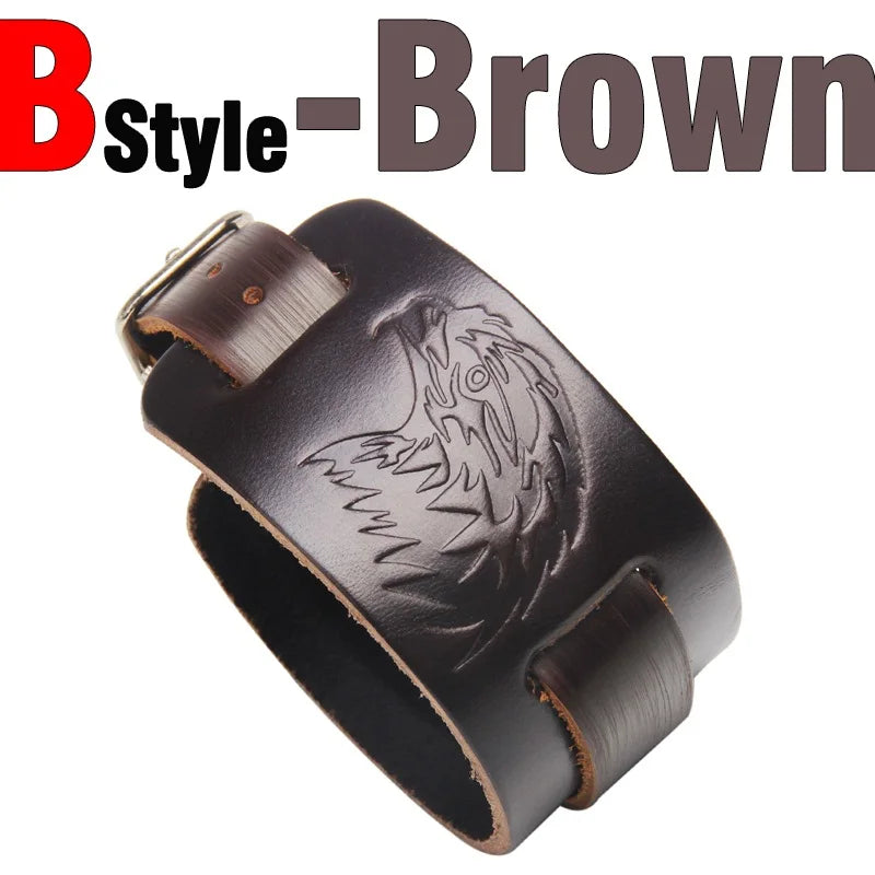 Charm Wide Leather Bracelet Black Brown Men Fashion Embossed Wolf/Eagle/Totem Wristband Bangle Punk Rock Style Jewelry