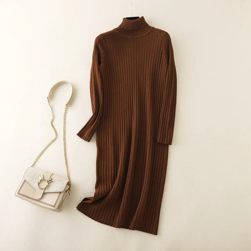 2024 Autumn Winter Thick Straight Maxi Sweater Dress Women High Neck Long Sweater Dress Elegant Female Loose Sexy Knit Dress